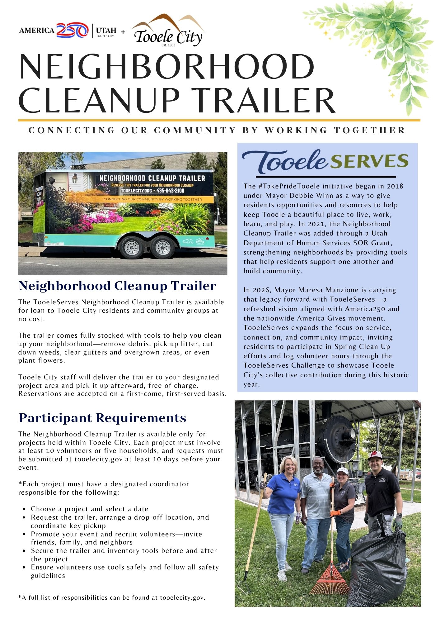 Tooele City flyer for the TooeleServes Neighborhood Cleanup Trailer. It features a photo of volunteers standing in front of the cleanup trailer and includes information about how the trailer works, participant requirements, and the history of the #TakePrideTooele and TooeleServes initiatives. America250 and Tooele City branding appear at the top.